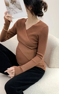 Pull allaitement chaud marron kaki à col V croisé