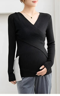 Pull allaitement chaud noir à col V croisé