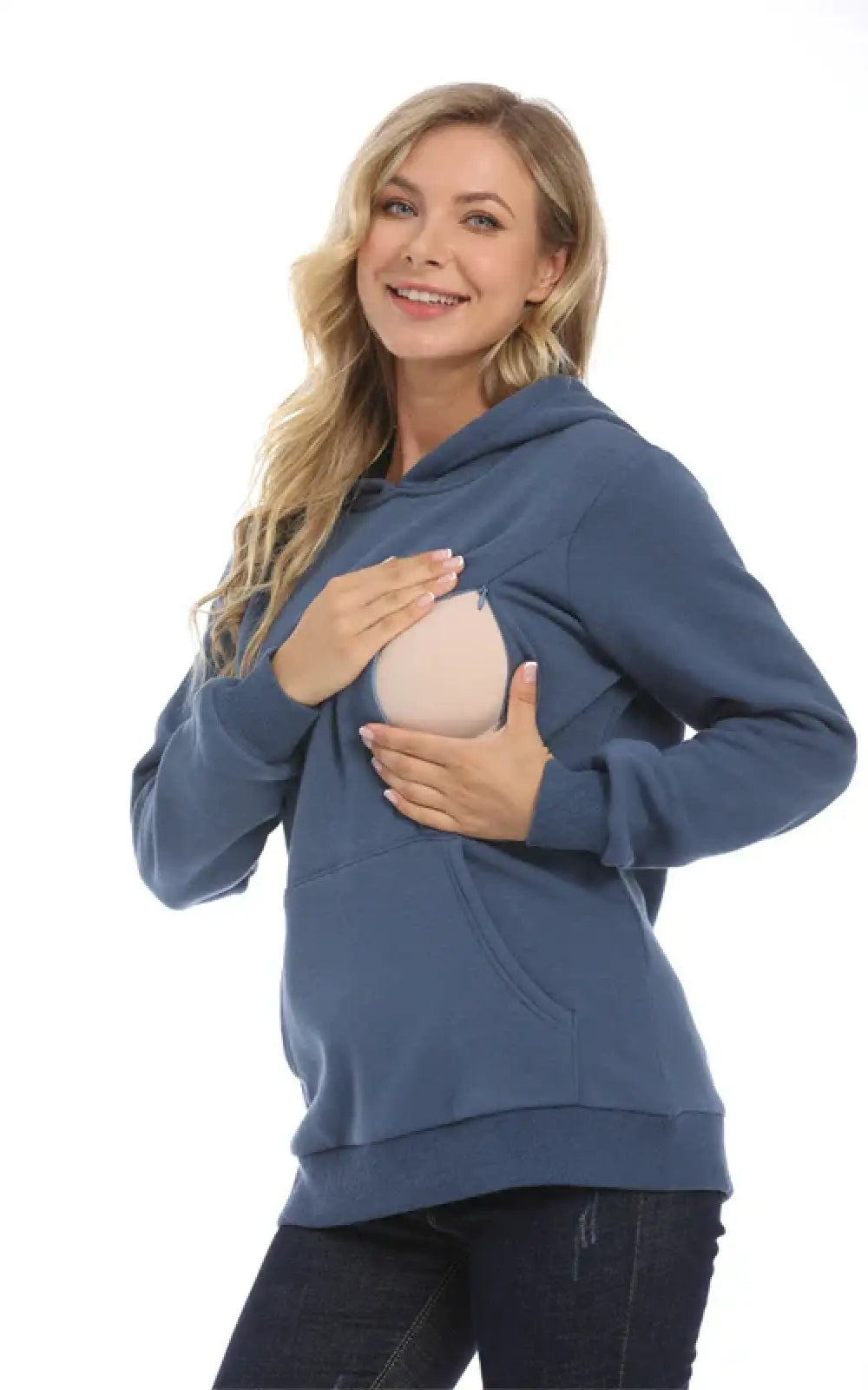 Pull allaitement zip, détail du double zip vertical sur la poitrine