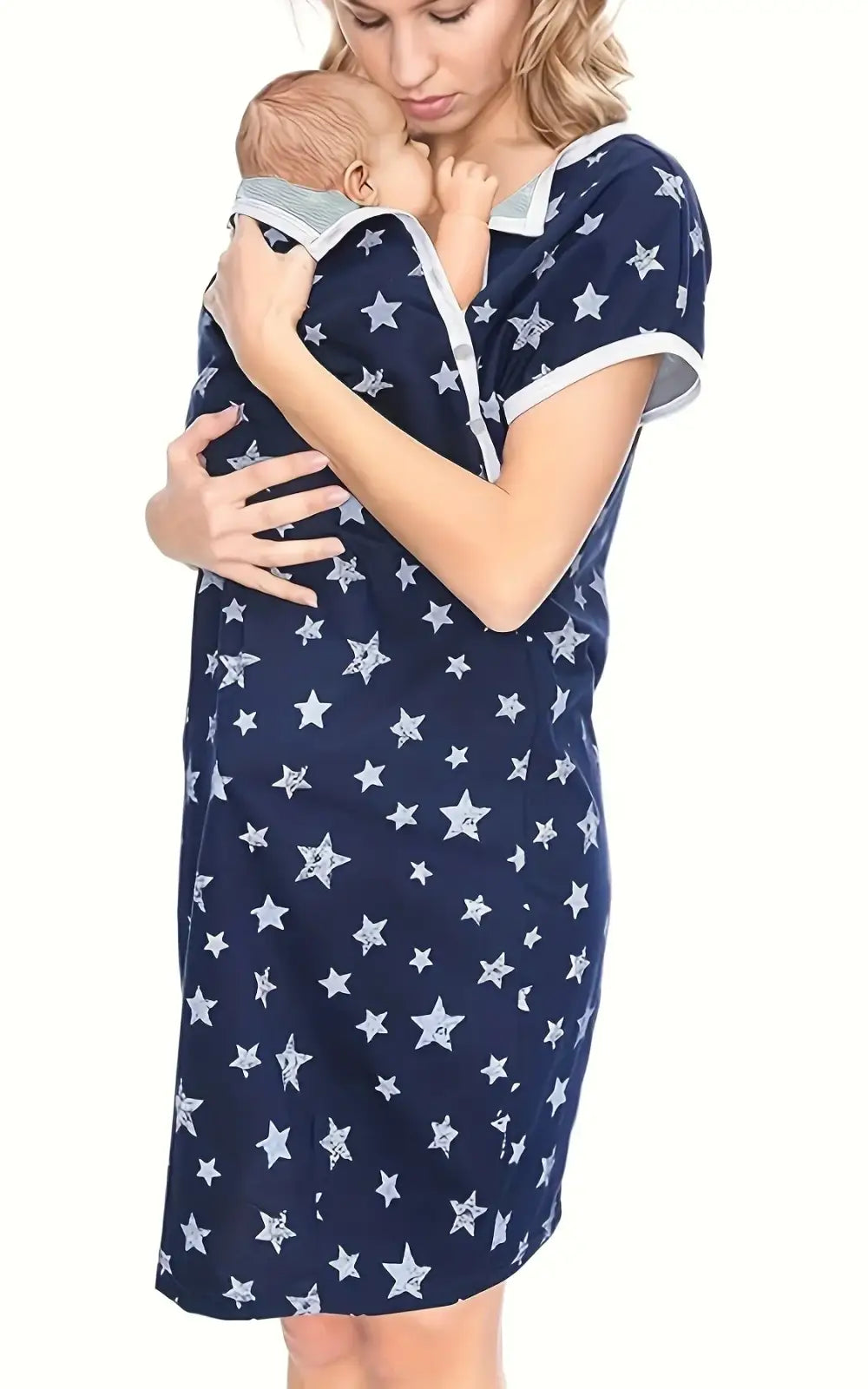 Robe de nuit allaitement ouverture avant, imprimé étoiles marine
