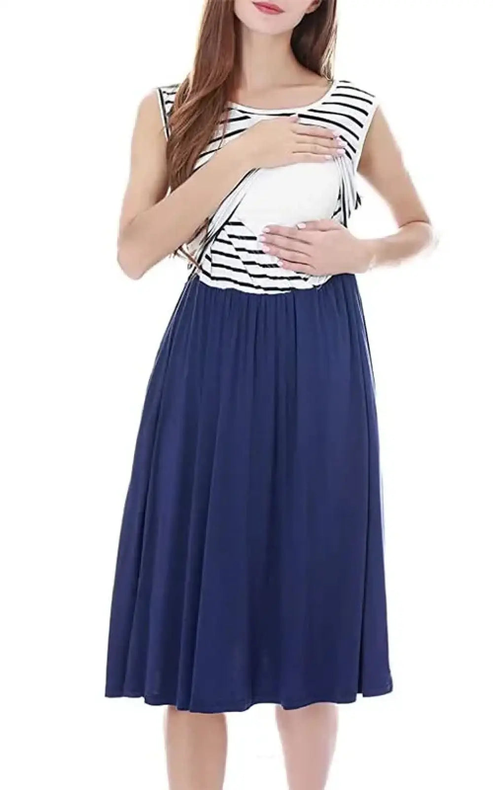 Robe allaitement à poches, marinière et jupe bleue