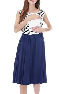 Robe allaitement à poches, marinière et jupe bleue