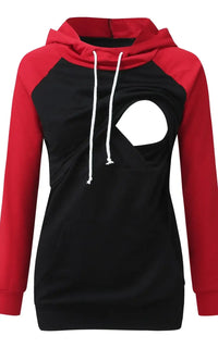 Sweat à capuche allaitement bicolore rouge, manches raglan
