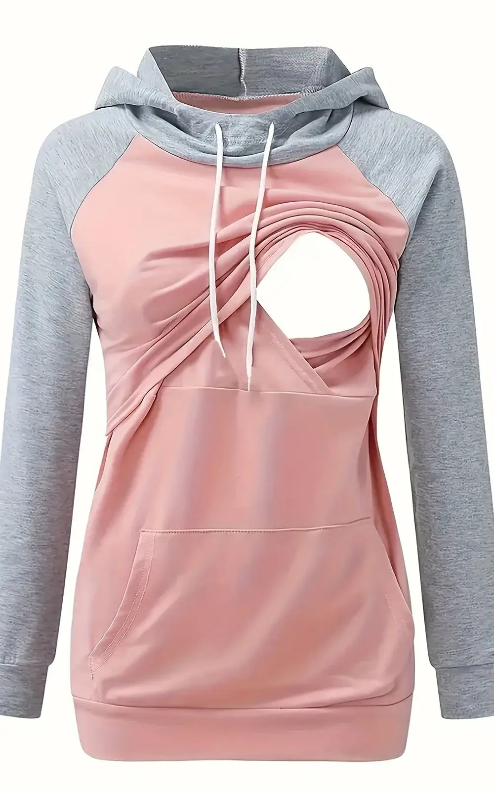 Sweat à capuche allaitement bicolore rose et gris, manches raglan