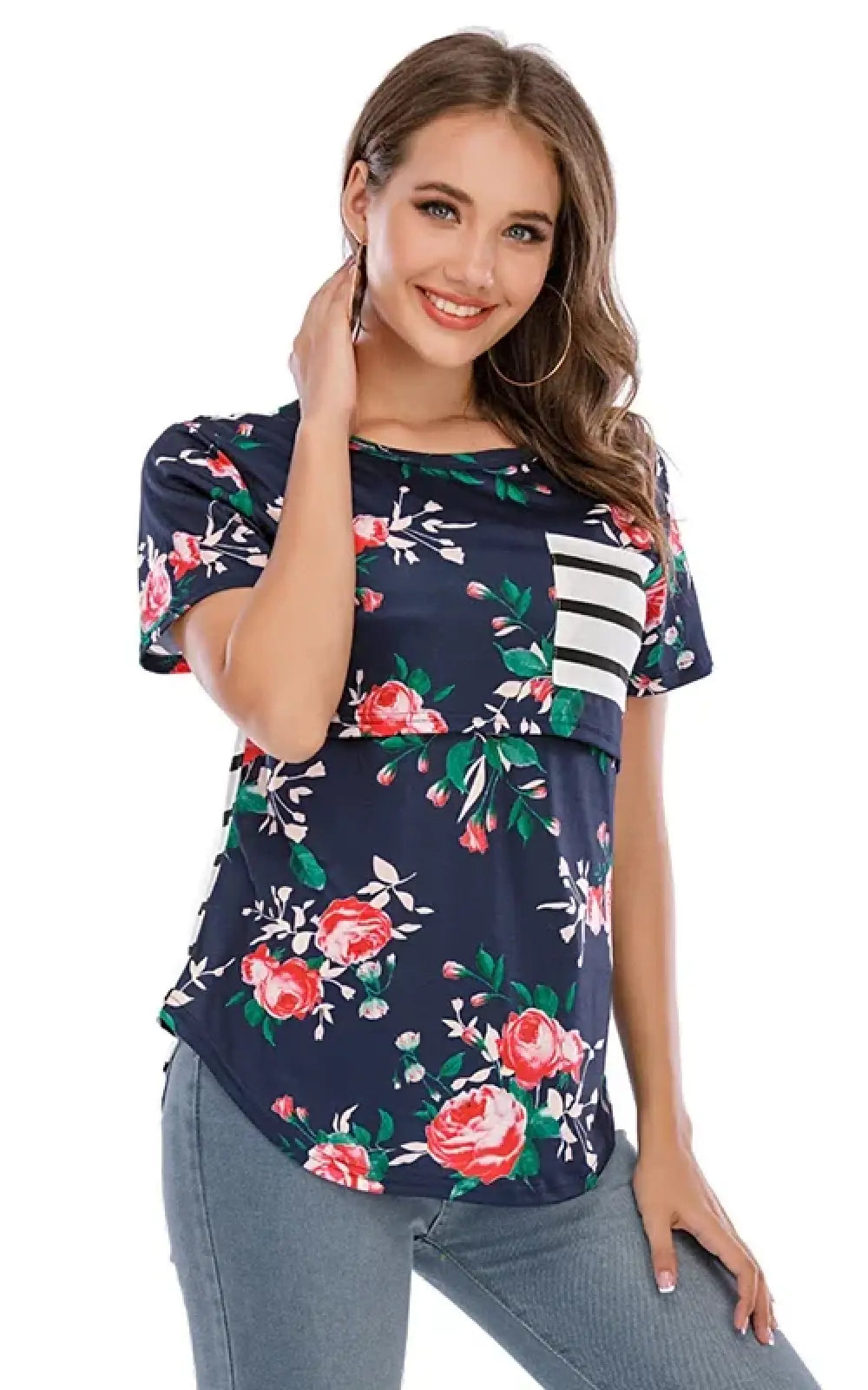 T-shirt allaitement floral rayé bleu foncé