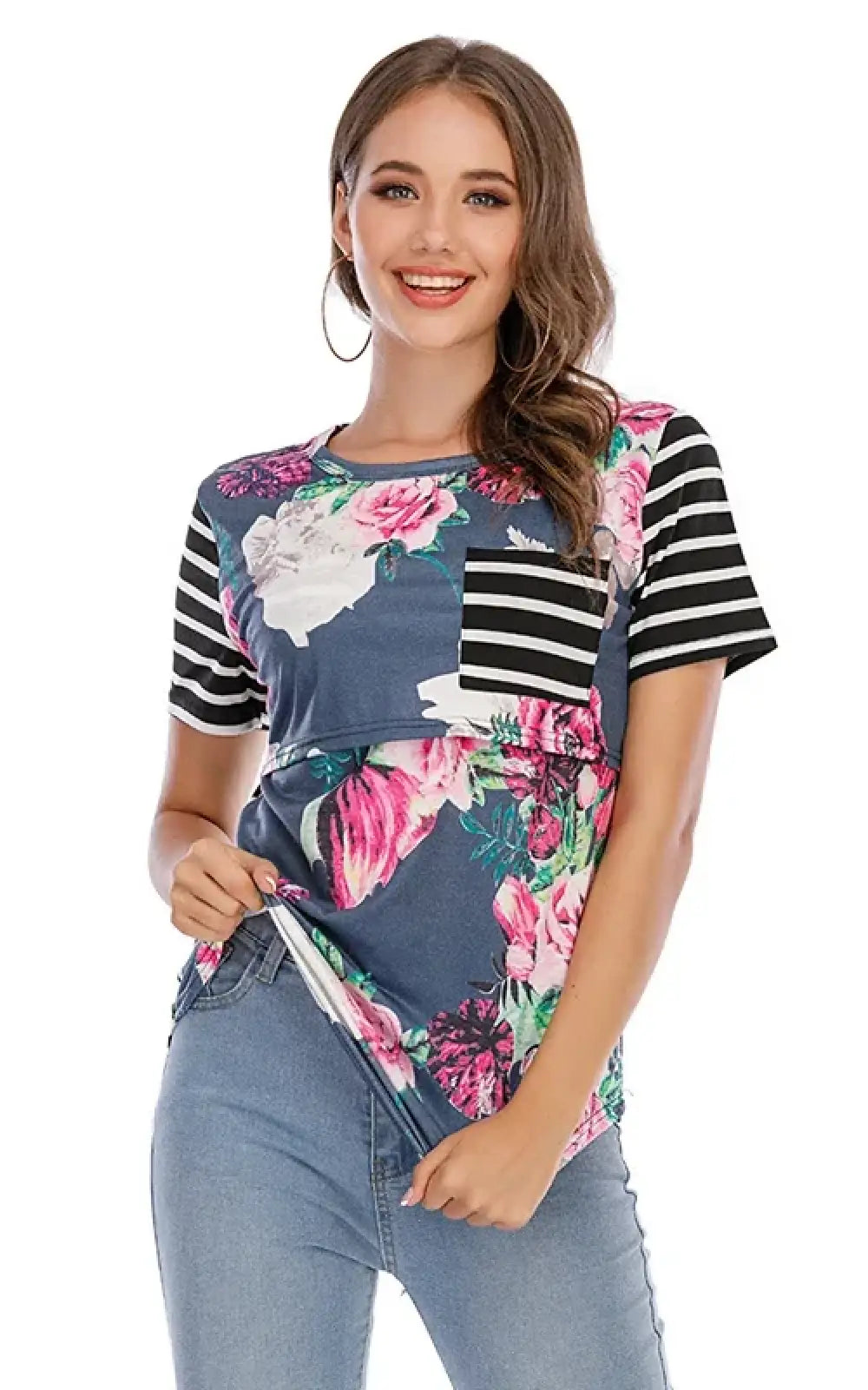 T-shirt allaitement floral rayé gris