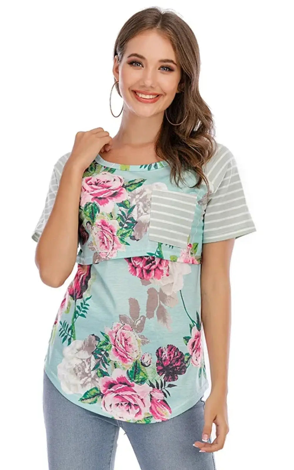 T-shirt allaitement floral rayé vert clair
