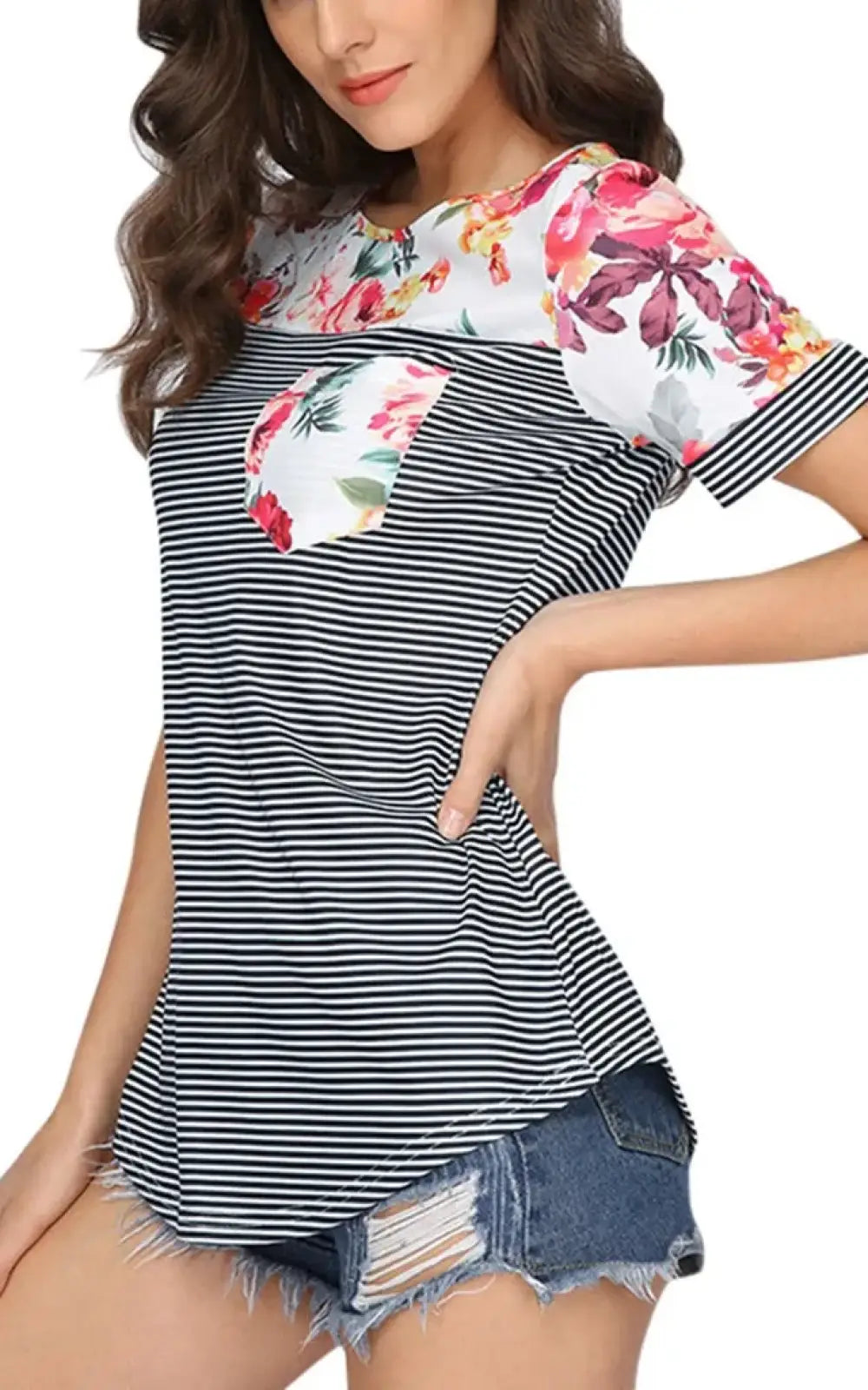 T-shirt grossesse et allaitement fleuri et rayé